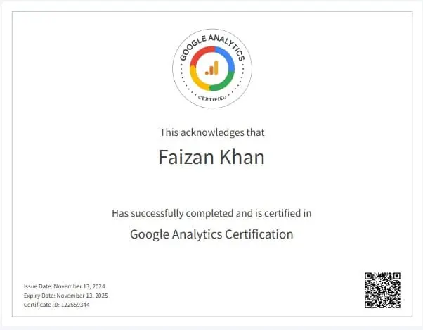 Faizan khan Google analytics certification.
